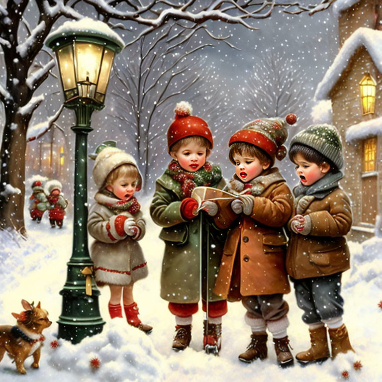 Children in winter clothing sing by lamppost with dog in falling snow