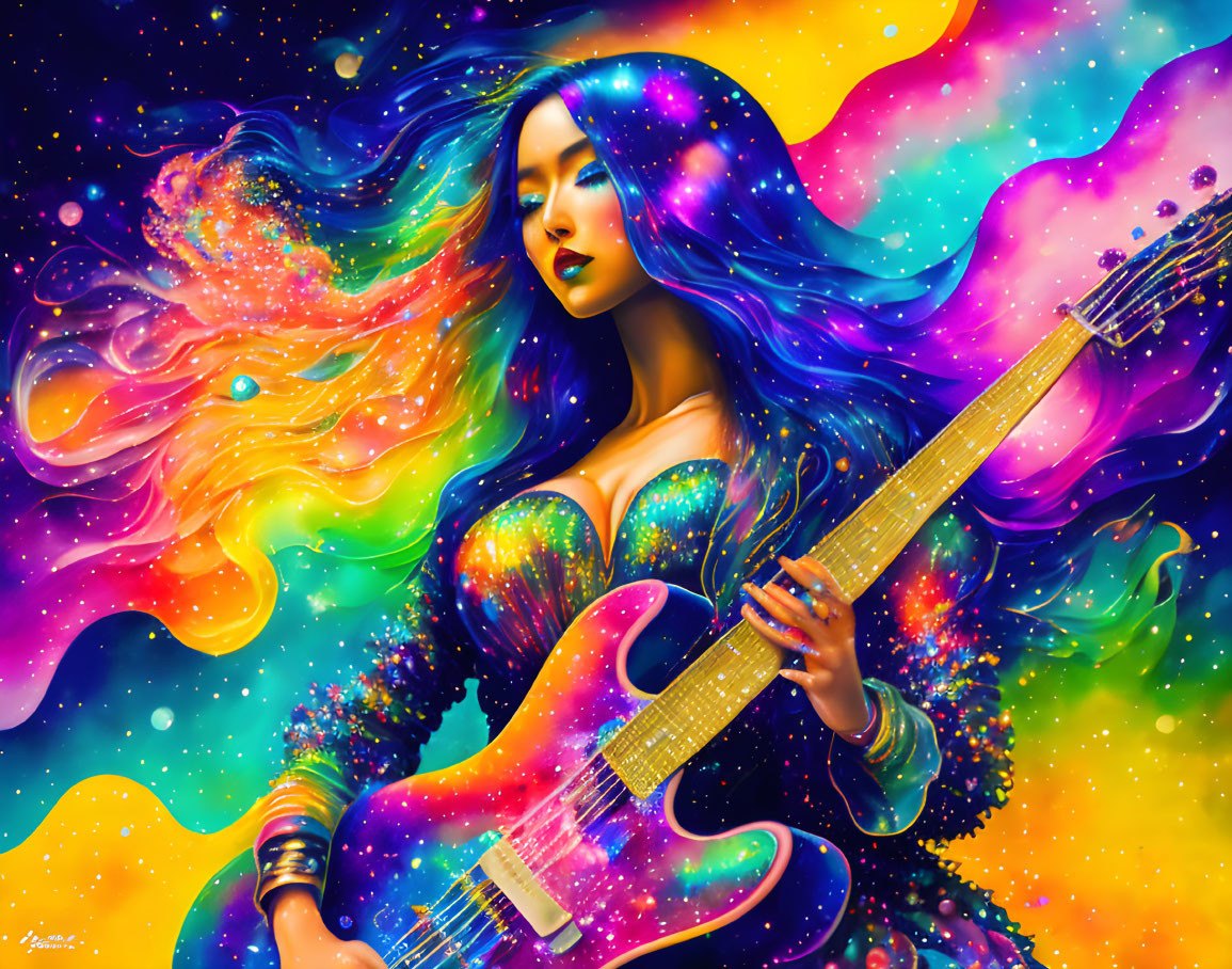 Colorful illustration: woman with multicolored hair holding guitar in cosmic background