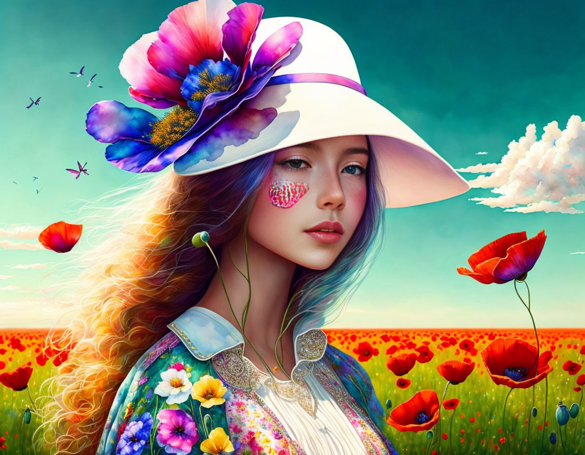 Surreal portrait of woman in floral attire among poppies