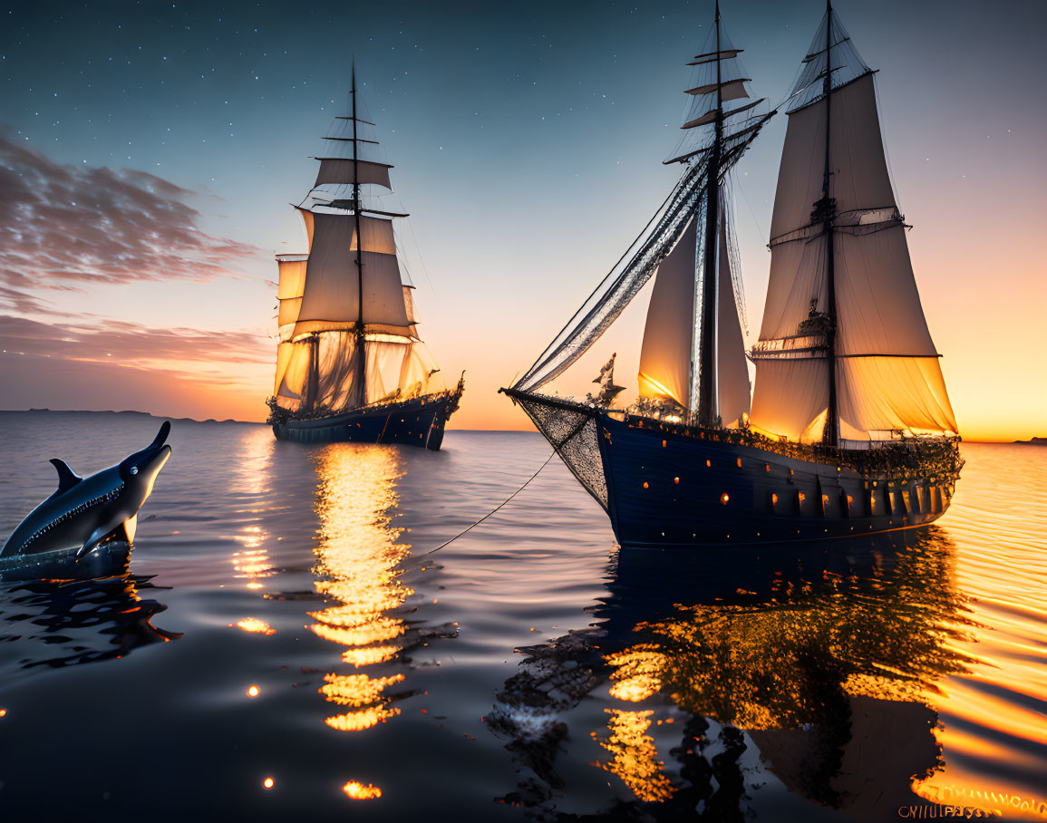 Tall ships with unfurled sails, ropes connecting, dolphin leaping, sunset seascape.