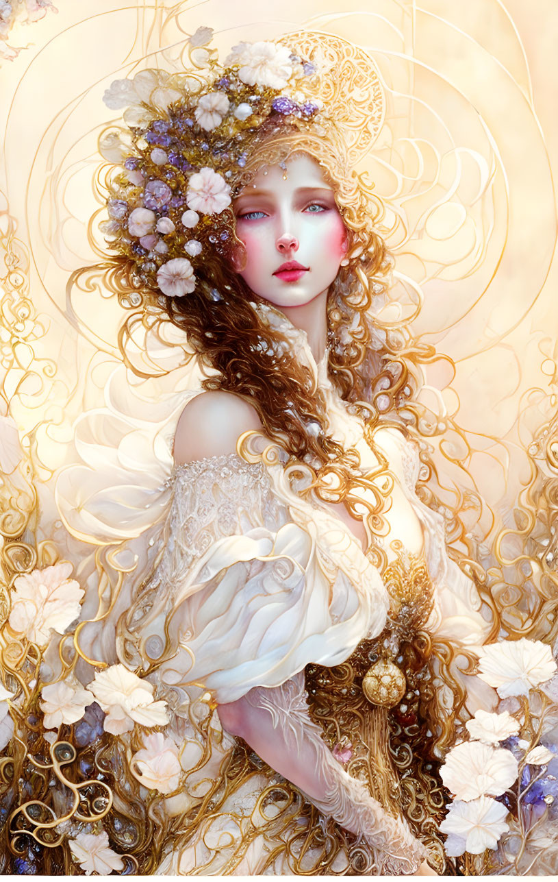 Ethereal fantasy artwork of a woman with floral hair, golden patterns, and feathery details