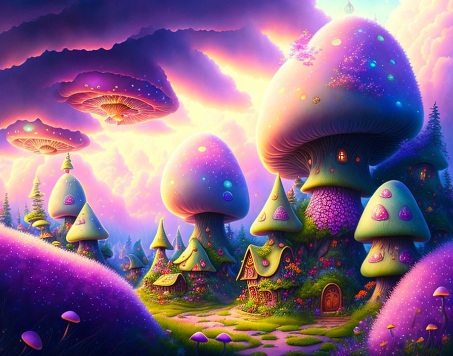 Fantasy landscape with mushroom trees under a purple sky & floating jellyfish.