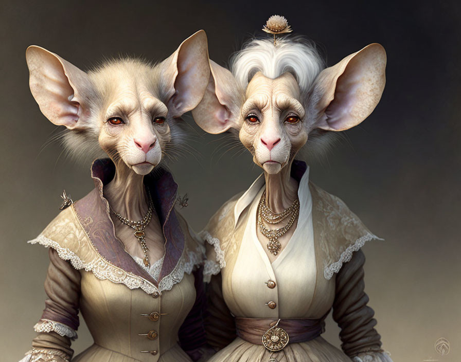 Anthropomorphic mice in vintage attire for classical portrait.