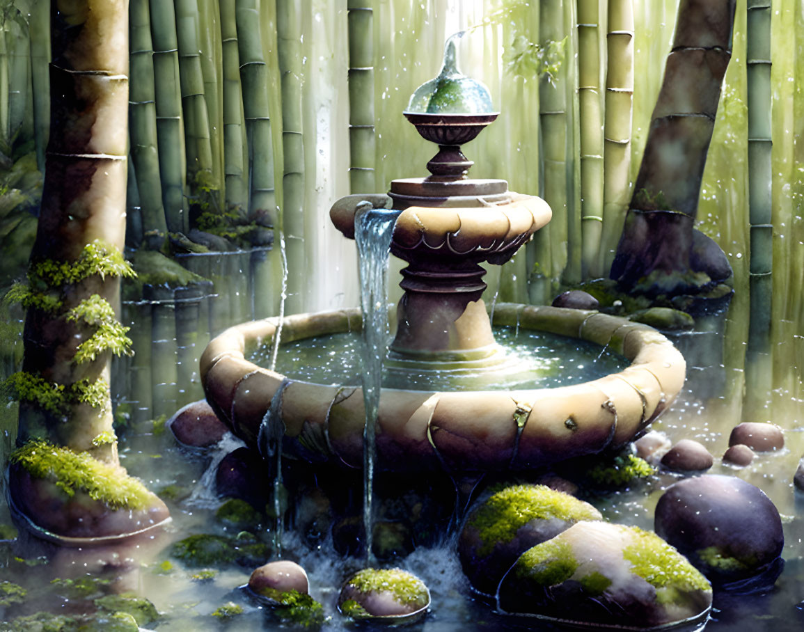 Ornate fountain in serene bamboo forest with sunlight, flowing water, moss, and stones