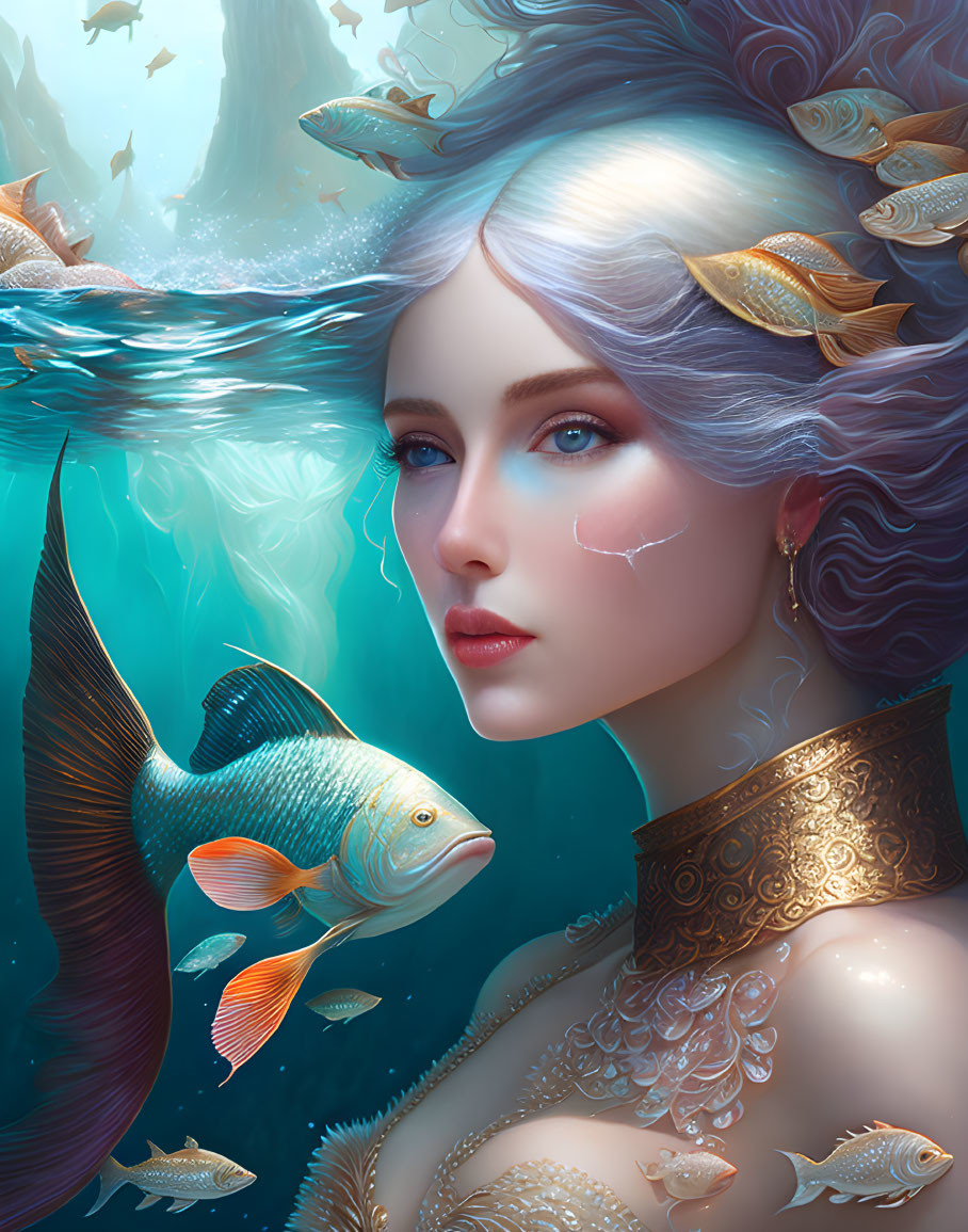 Surreal portrait of woman underwater with swimming fish