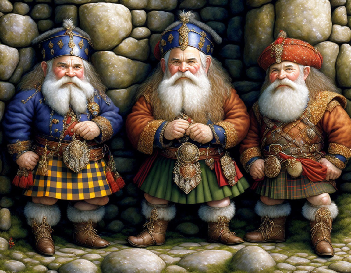 Traditional Scottish Attire: Three Animated Dwarfs in Tartan Kilts