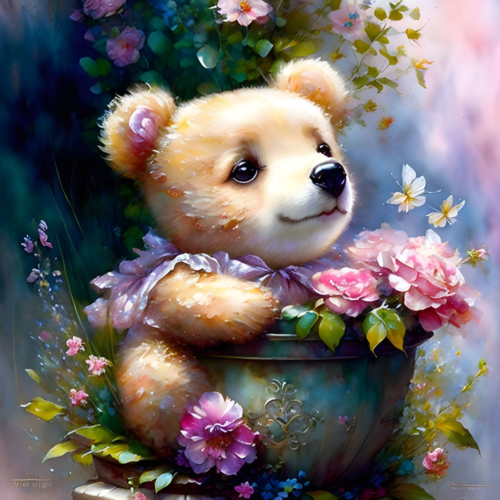 Fluffy teddy bear with flowers and butterflies in whimsical scene