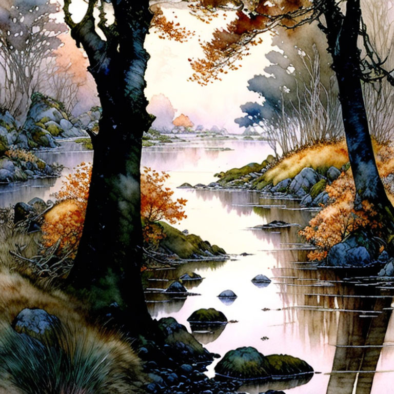 Tranquil autumn lake scene with misty water and rocky shore