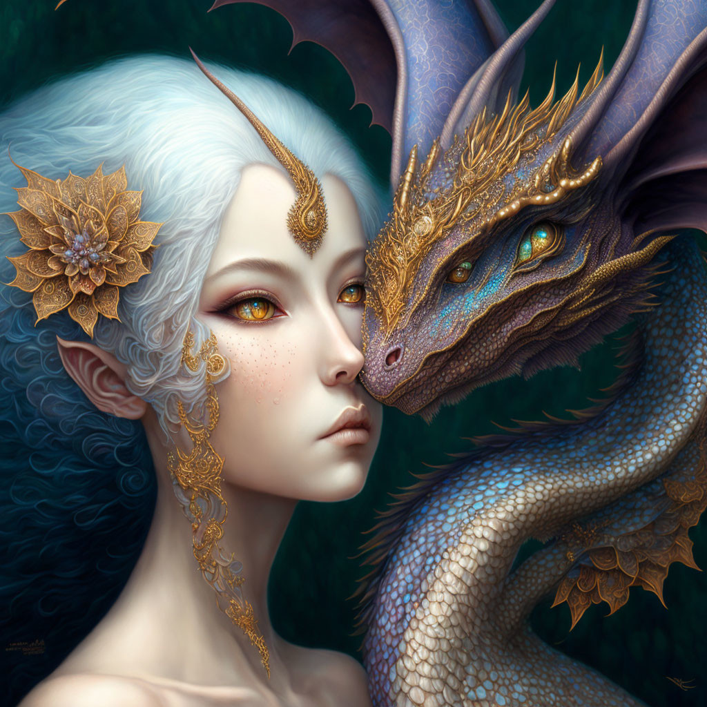 Ethereal woman with white hair and blue dragon in fantasy illustration