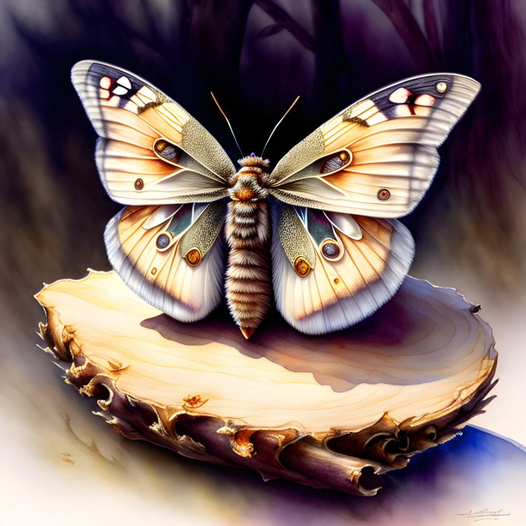 Detailed digital painting of white and brown butterfly on wood