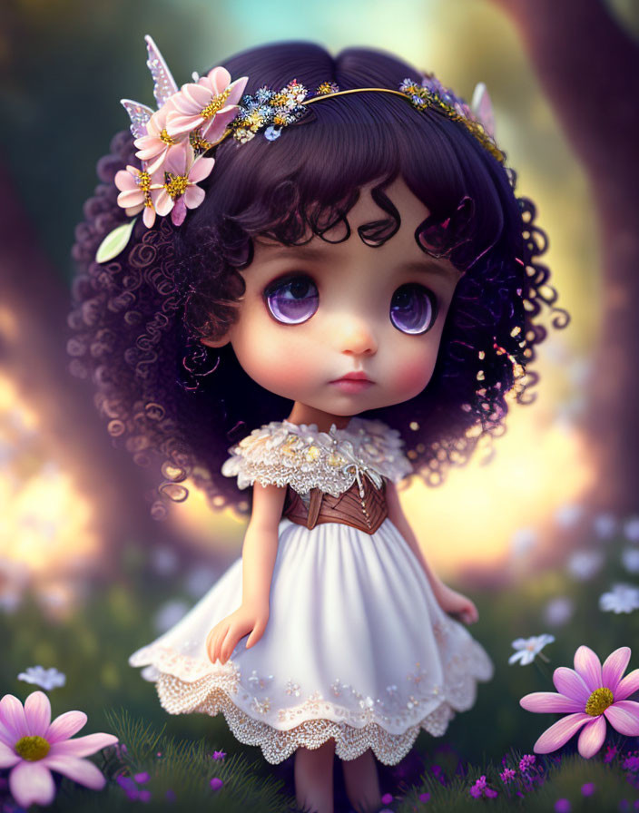 Illustration of doll-like character with purple eyes, dark curly hair, white dress, and floral background