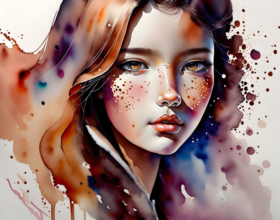 Illustration of a girl with freckles, large eyes, and flowing hair in vibrant watercolor