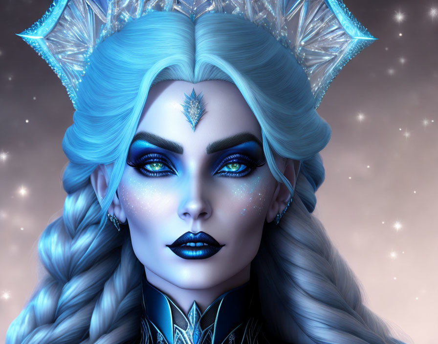 Fantasy Art: Woman with Blue Hair, Crystal Crown, Starry Background