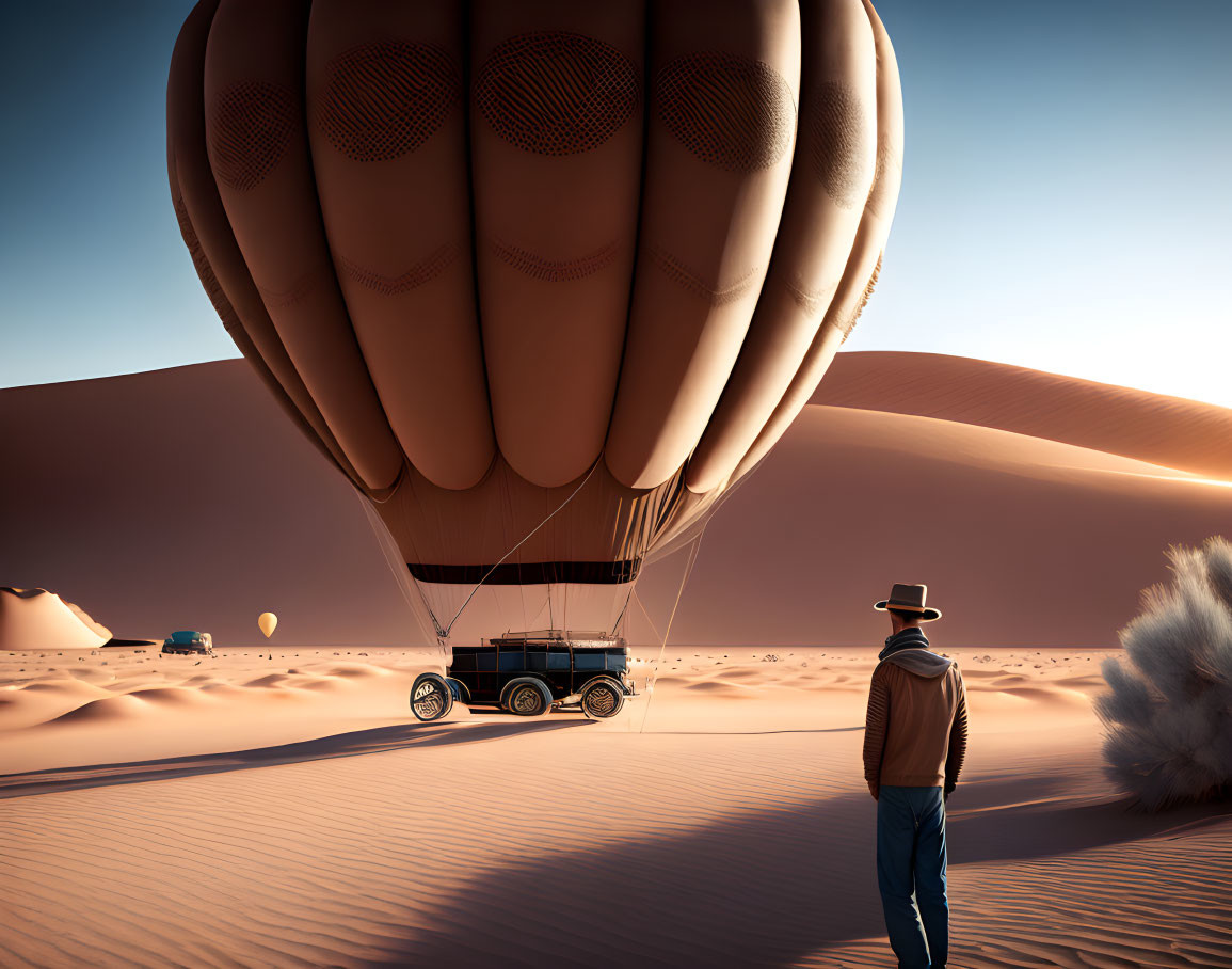 Person in hat watches hot air balloon over desert with vintage car - dunes and clear skies.