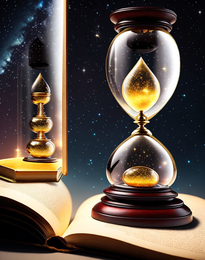 Surreal glowing hourglass on open book with stars and rocket ship symbolizing space-time