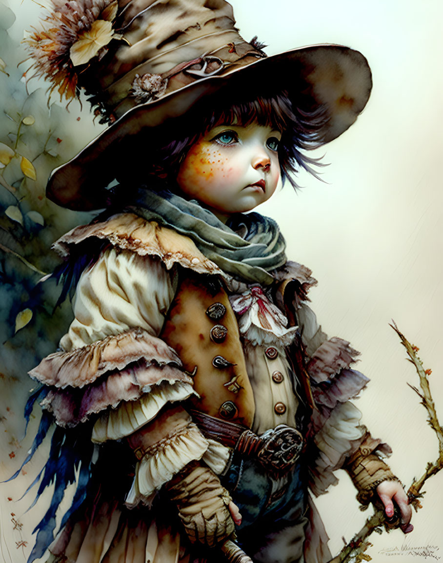 Child in vintage clothing with large hat, holding thorny branch and gazing aside