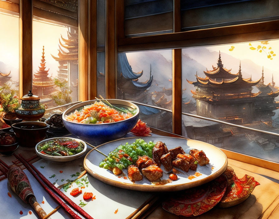 Asian Sunrise Meal Overlooking Ancient Pagodas: Rice, Vegetables, Cooked Meat