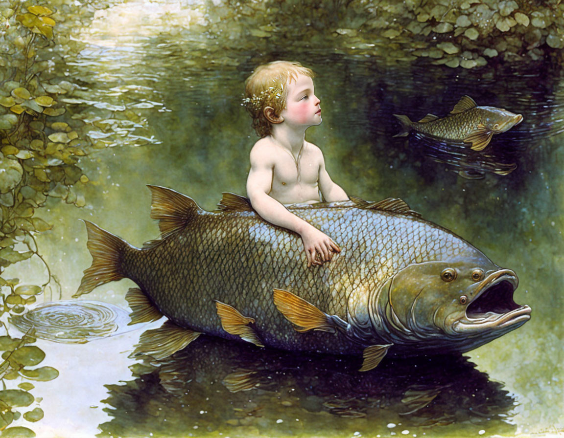 Golden wreathed child on fish in serene pond surrounded by greenery