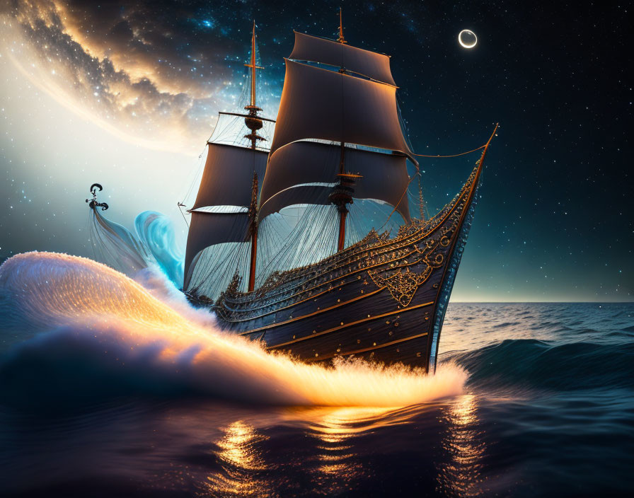 Elaborately decorated old sailing ship on cresting wave under night sky