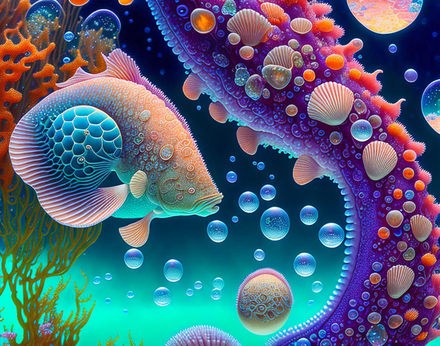 Vibrant underwater scene with stylized fish, bubbles, coral, and seashells