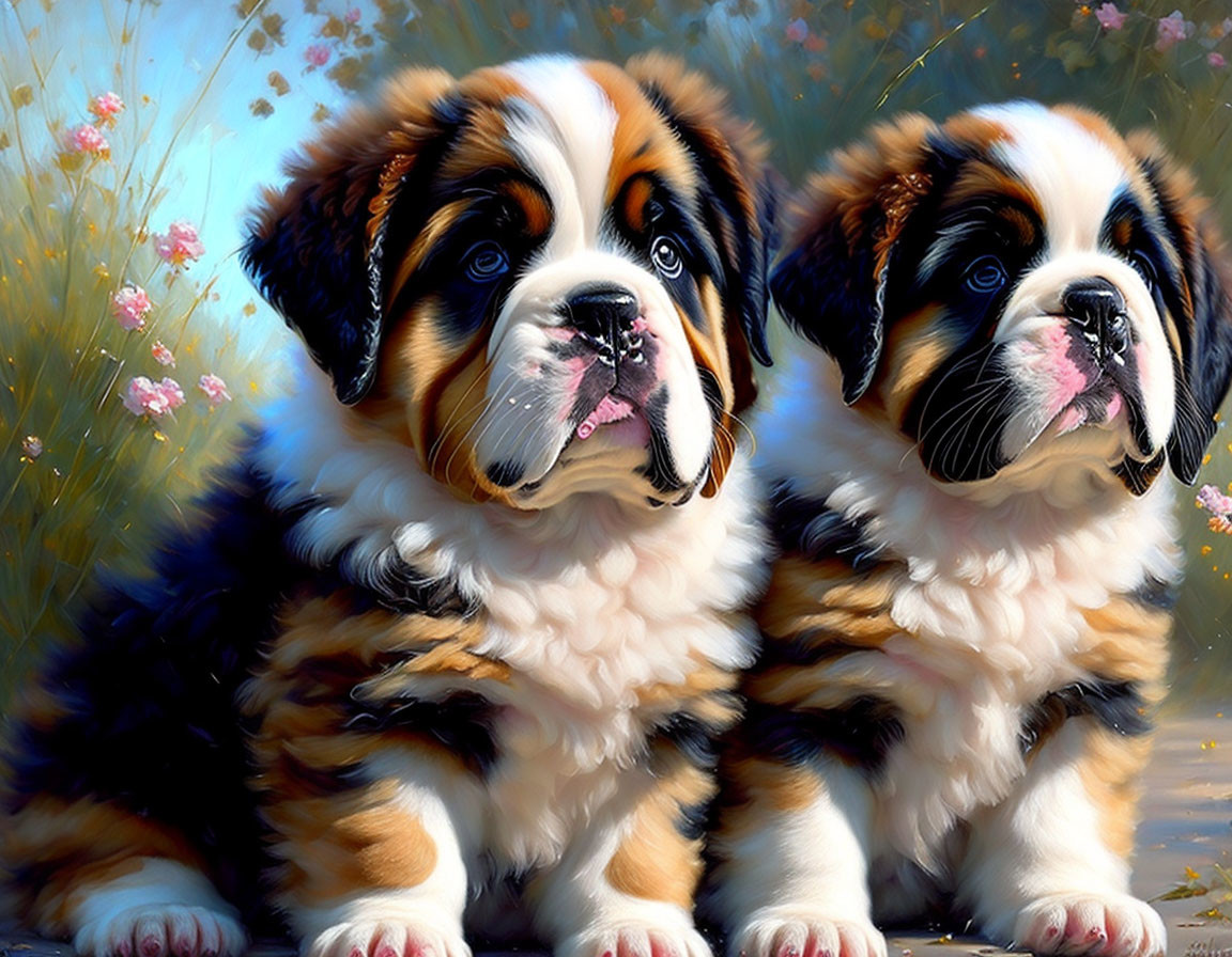 Two Bernese Mountain Dog Puppies in Field with Pink Flowers