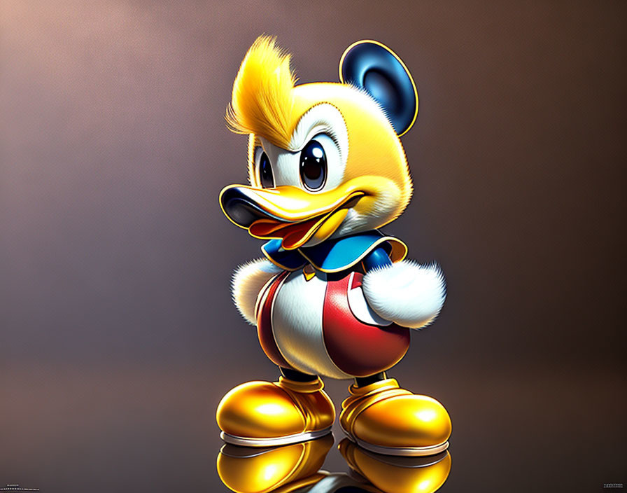 Animated Duck Character in Sailor Outfit with Blue Eyes and Golden Shoes