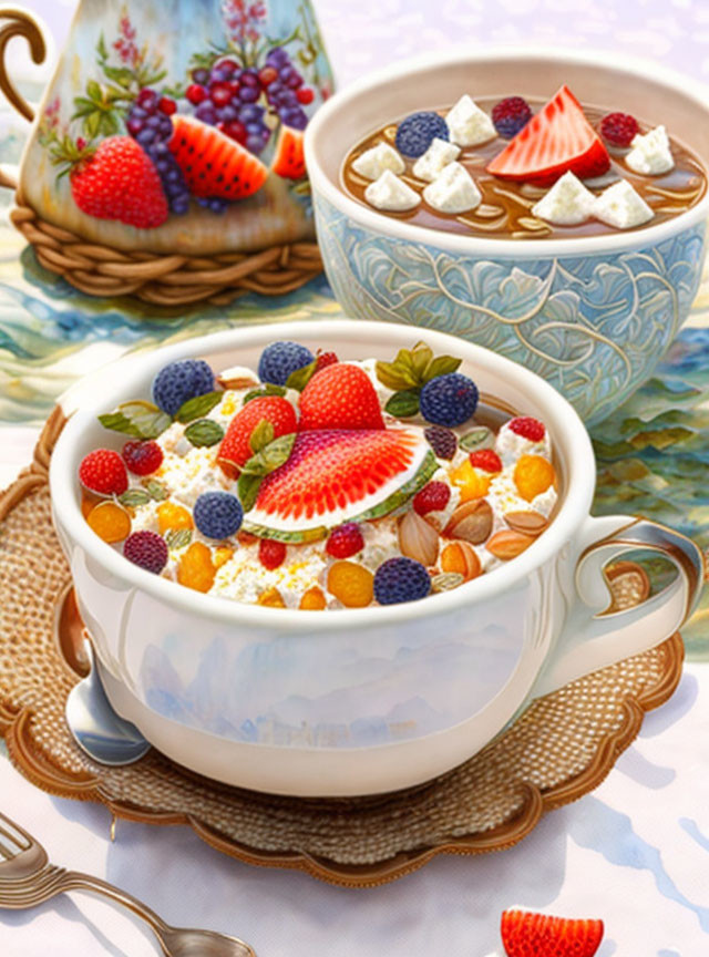 Colorful Fruit and Cereal Bowl Next to Hot Cocoa with Marshmallows