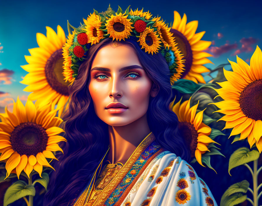 Digital artwork: Woman with sunflower crown, blue eyes, surrounded by sunflowers on sky backdrop