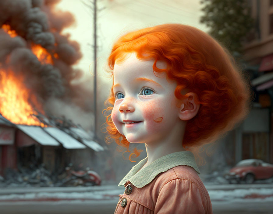 Red-haired girl smiles near blazing fire in city street