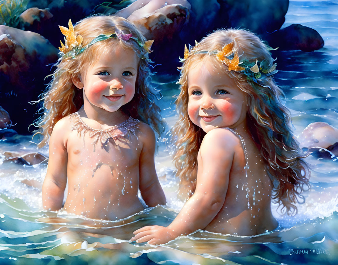 Young girls with floral crowns by sunlit water: vibrant, realistic painting