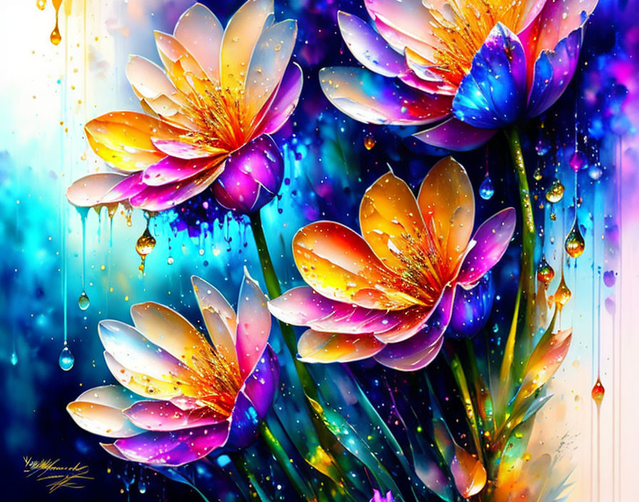 Colorful flower arrangement with yellow, pink, blue, and purple hues on a magical background.