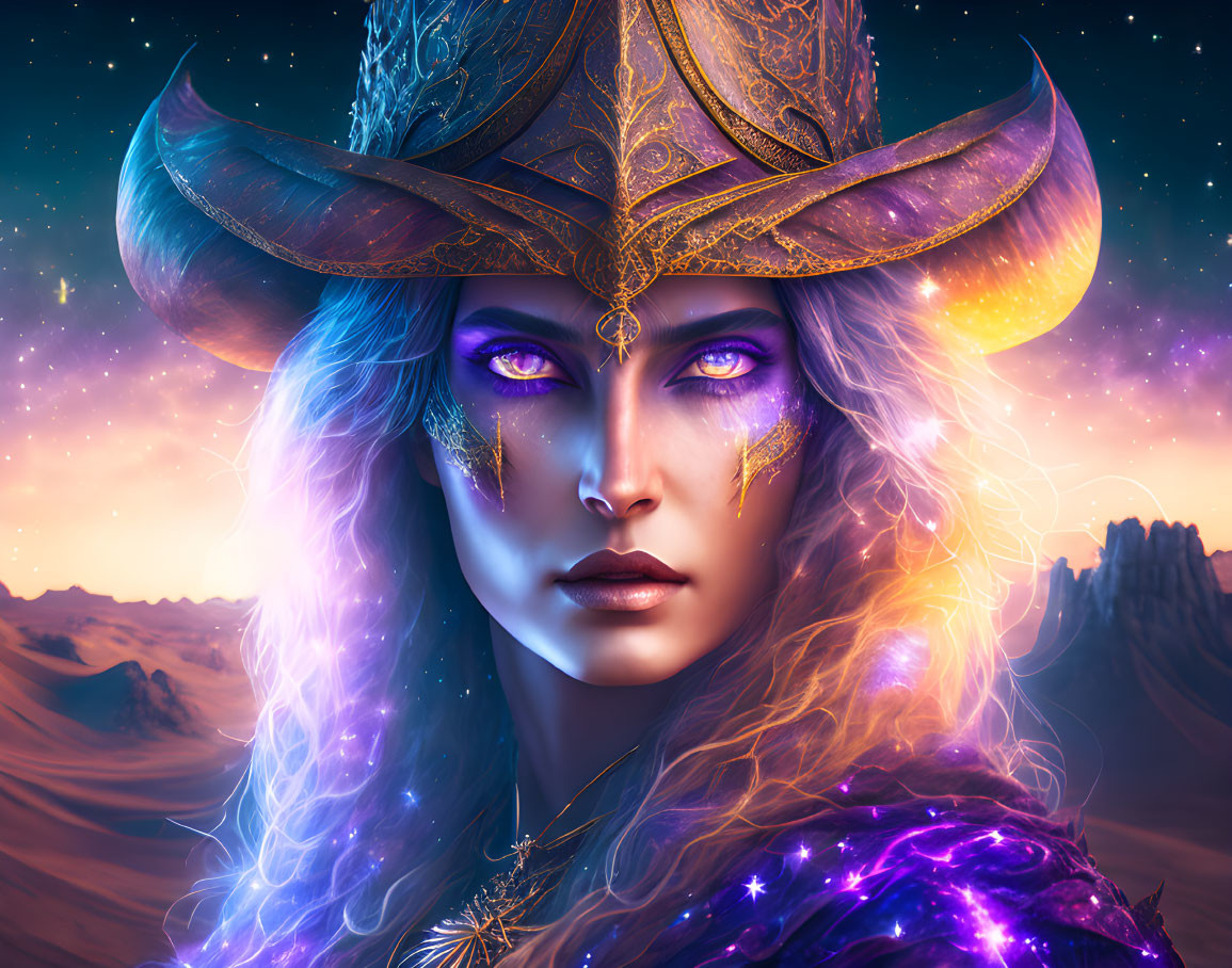 Mystical female figure with purple eyes and golden headwear in desert night scene