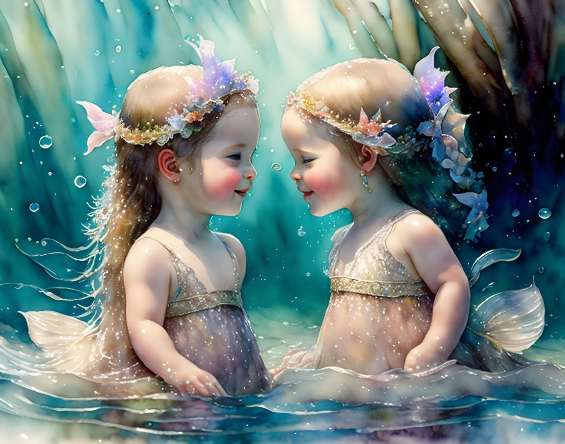 Illustrated mermaid children in whimsical underwater scene