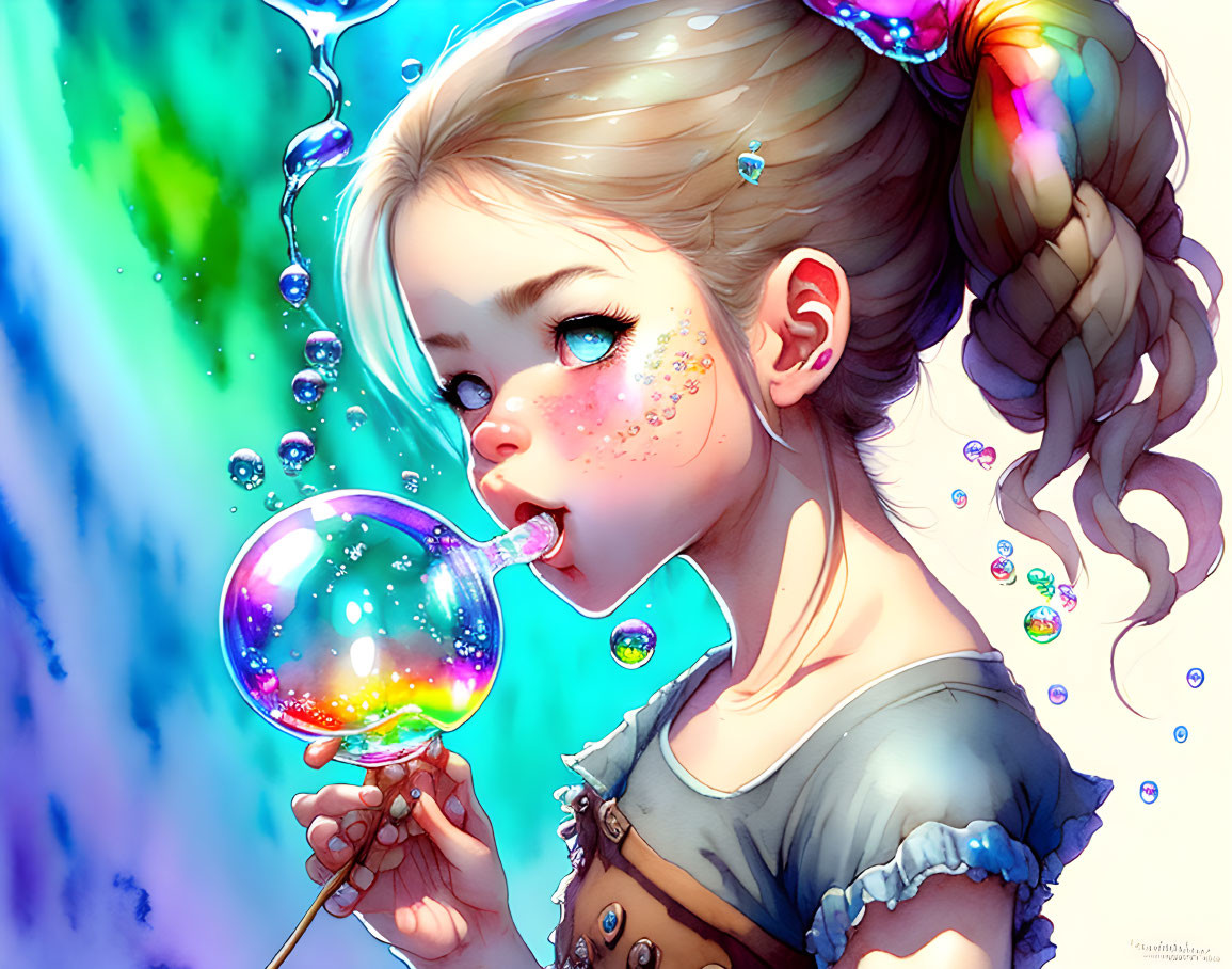 Illustration of girl with braid blowing soap bubble on blue backdrop