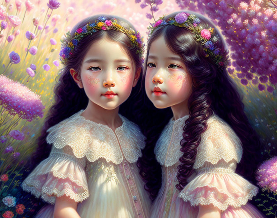 Illustrated girls with floral crowns in whimsical flower field