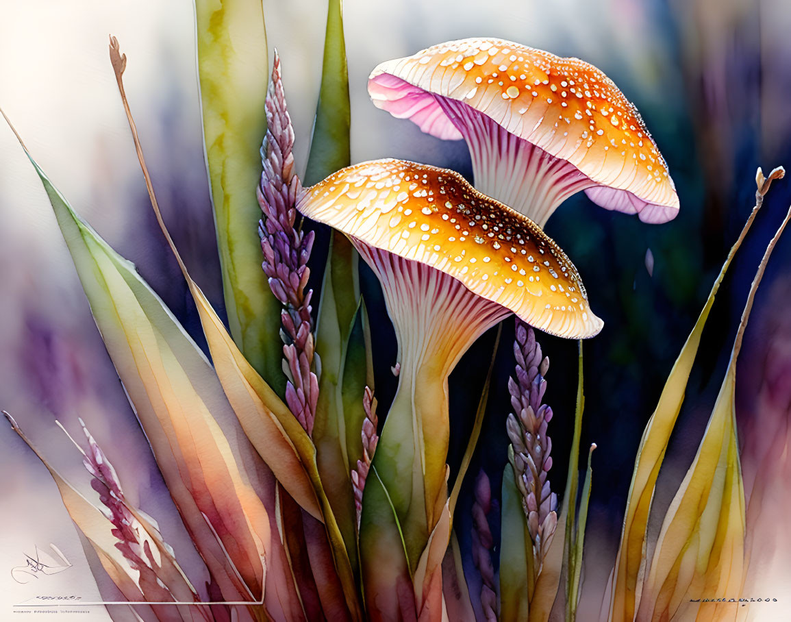 Vibrant dew-covered mushrooms in stylized grass and flowers