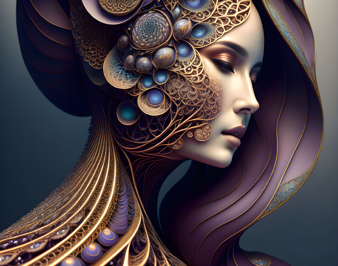 Digital artwork of woman with ornate peacock feather headdress