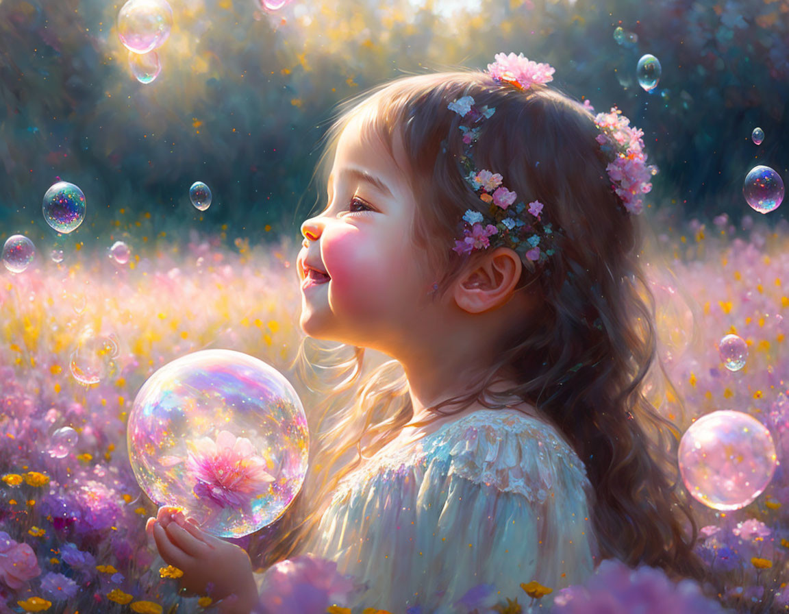 Young girl in floral headband surrounded by bubbles and colorful flowers in warm sunlight