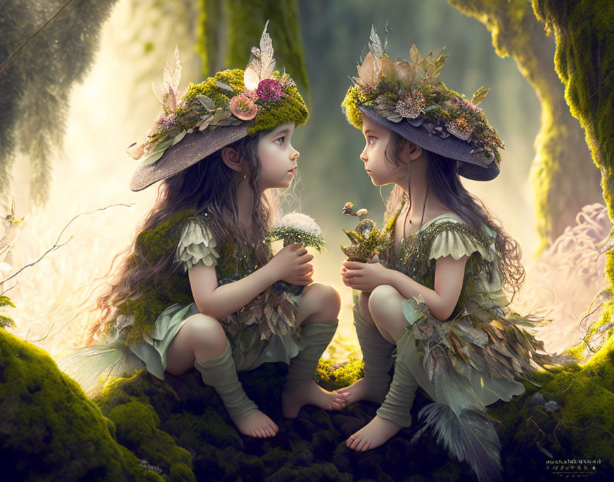 Children in fairy costumes with floral hats in enchanted forest setting.