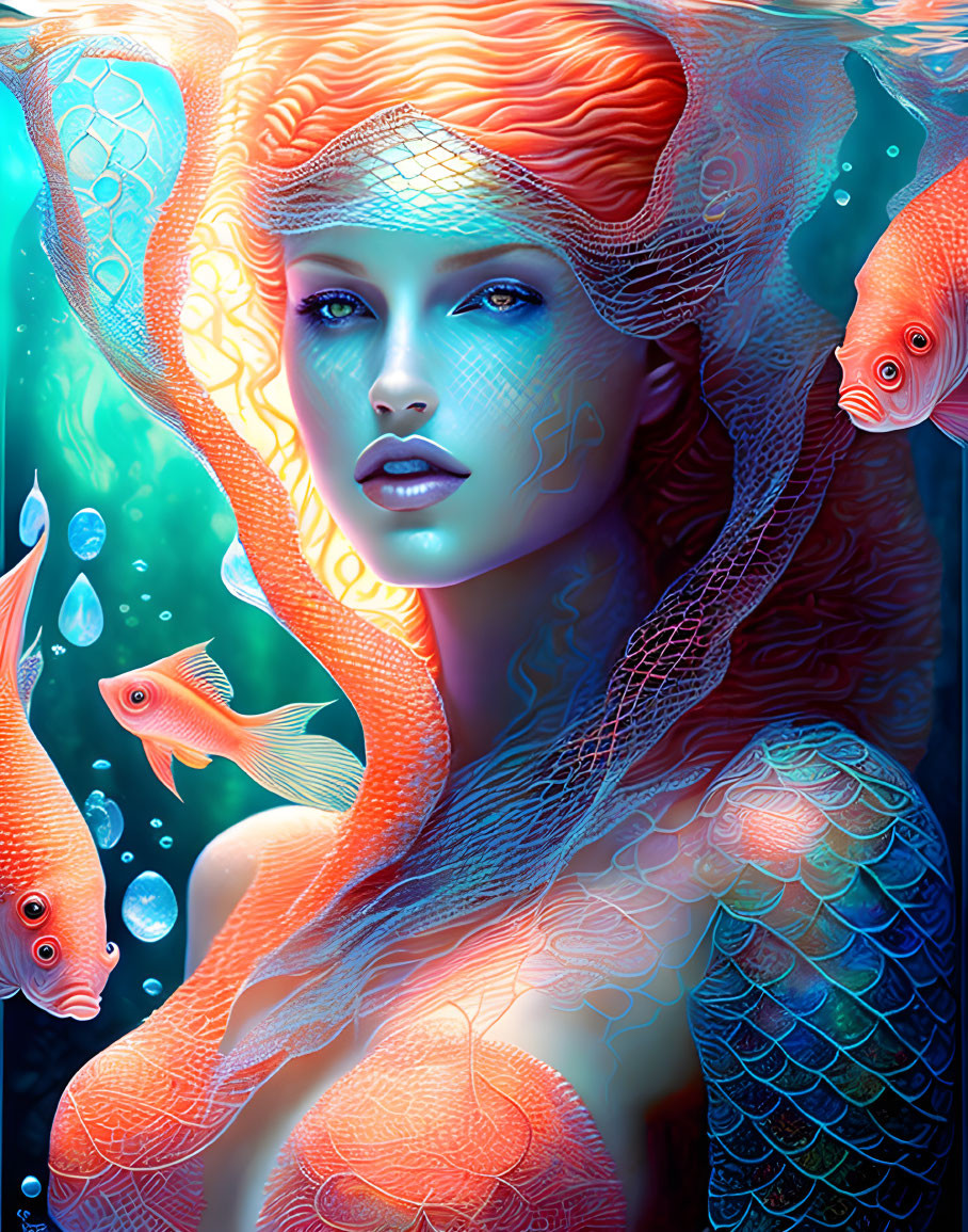 Surreal illustration: Woman with fish and serpentine shapes in vibrant, aquatic hair