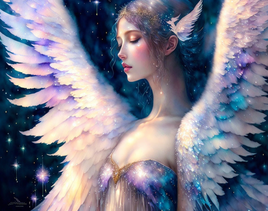 Ethereal angel with luminous wings and starry backdrop