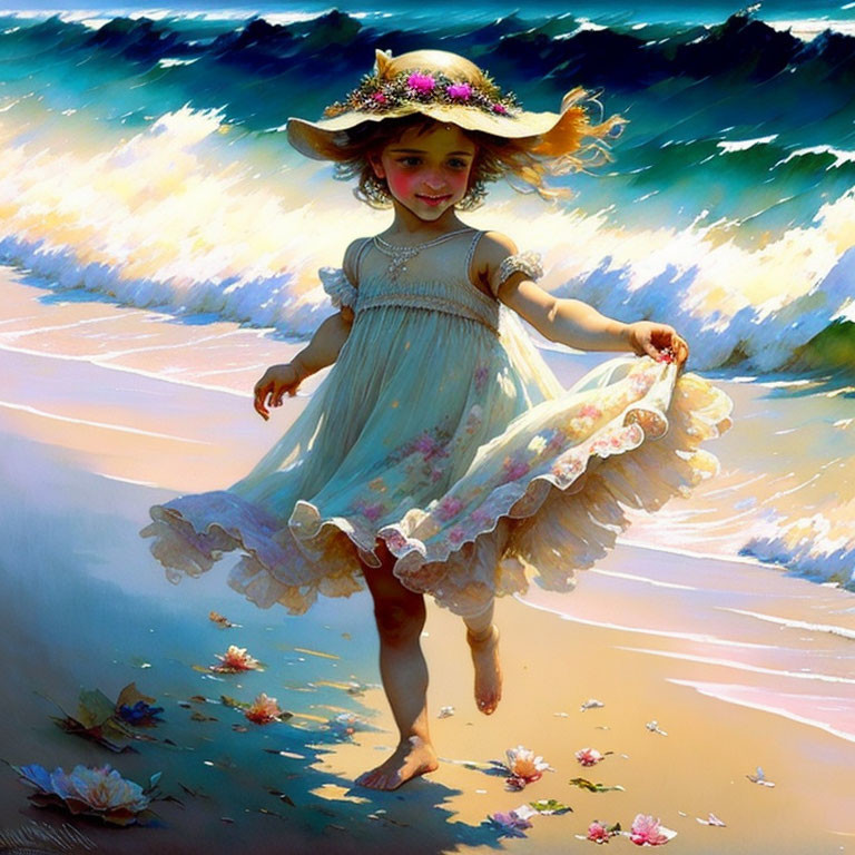 Young girl in sun hat and flowy dress playing by the sea with flowers and gentle waves.