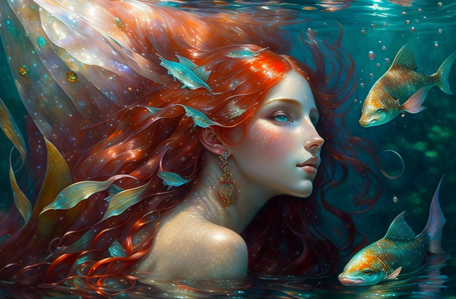 Redhead Mermaid with Flowing Hair Surrounded by Fish in Azure Seascape