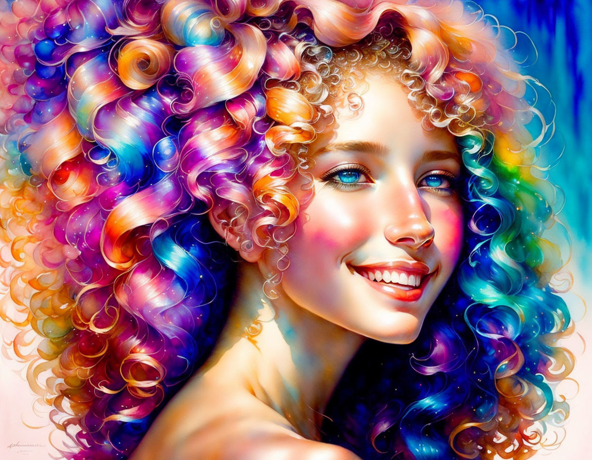 Colorful Digital Art: Smiling Woman with Vibrant Hair & Blue Eyes