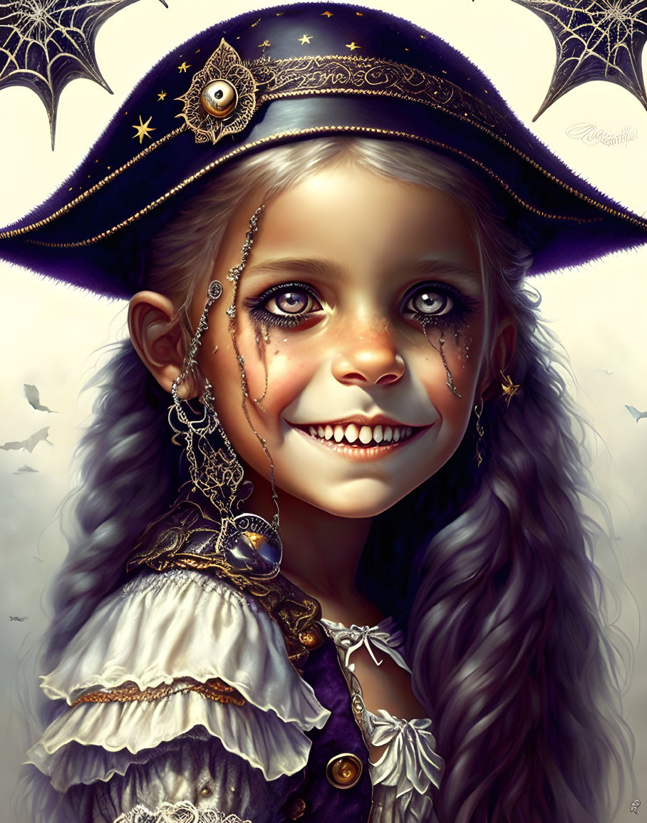 Smiling young girl in witch hat with crescent moon and stars portrait