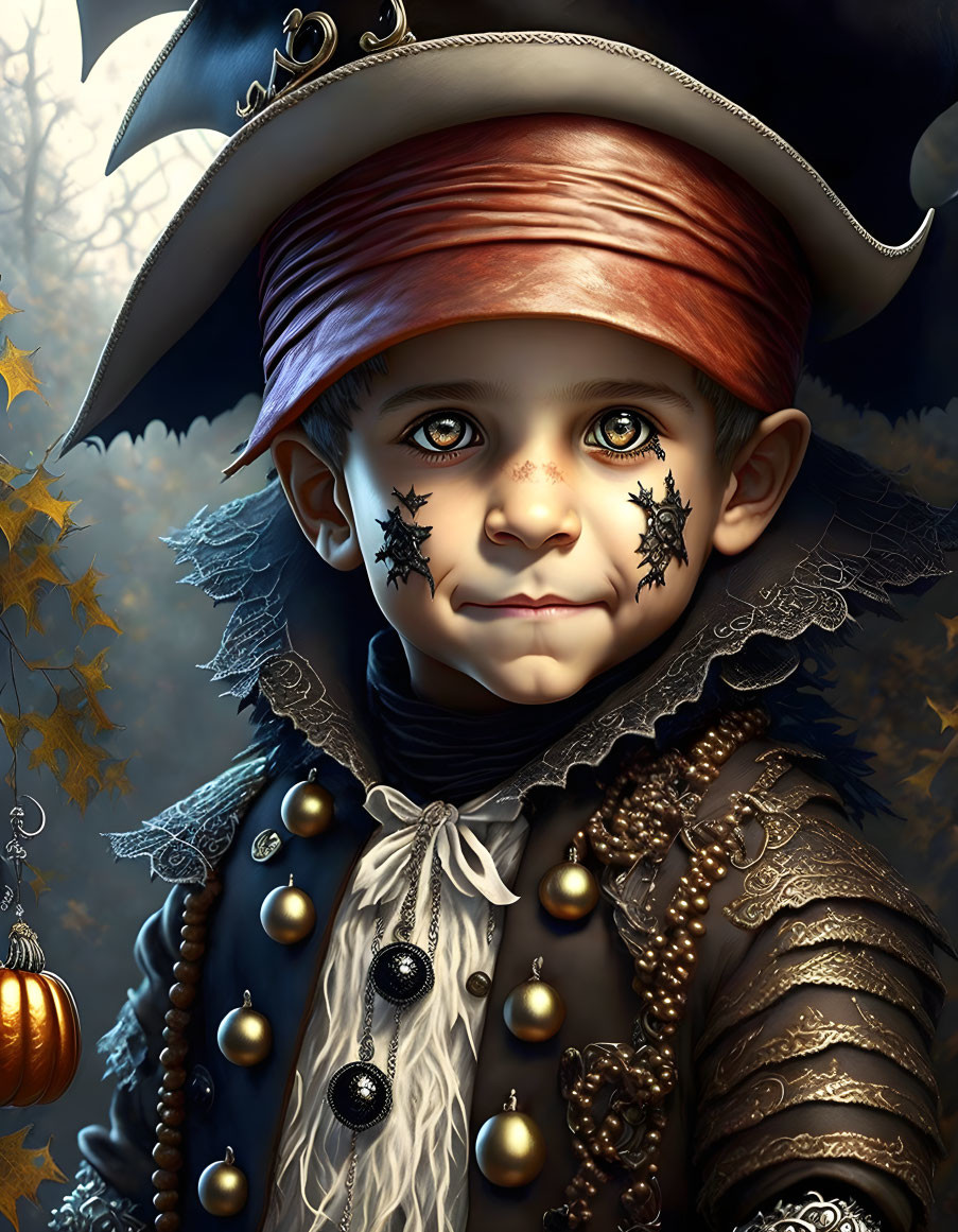 Digital painting of young child in pirate costume with red bandana, golden baubles, star-shaped