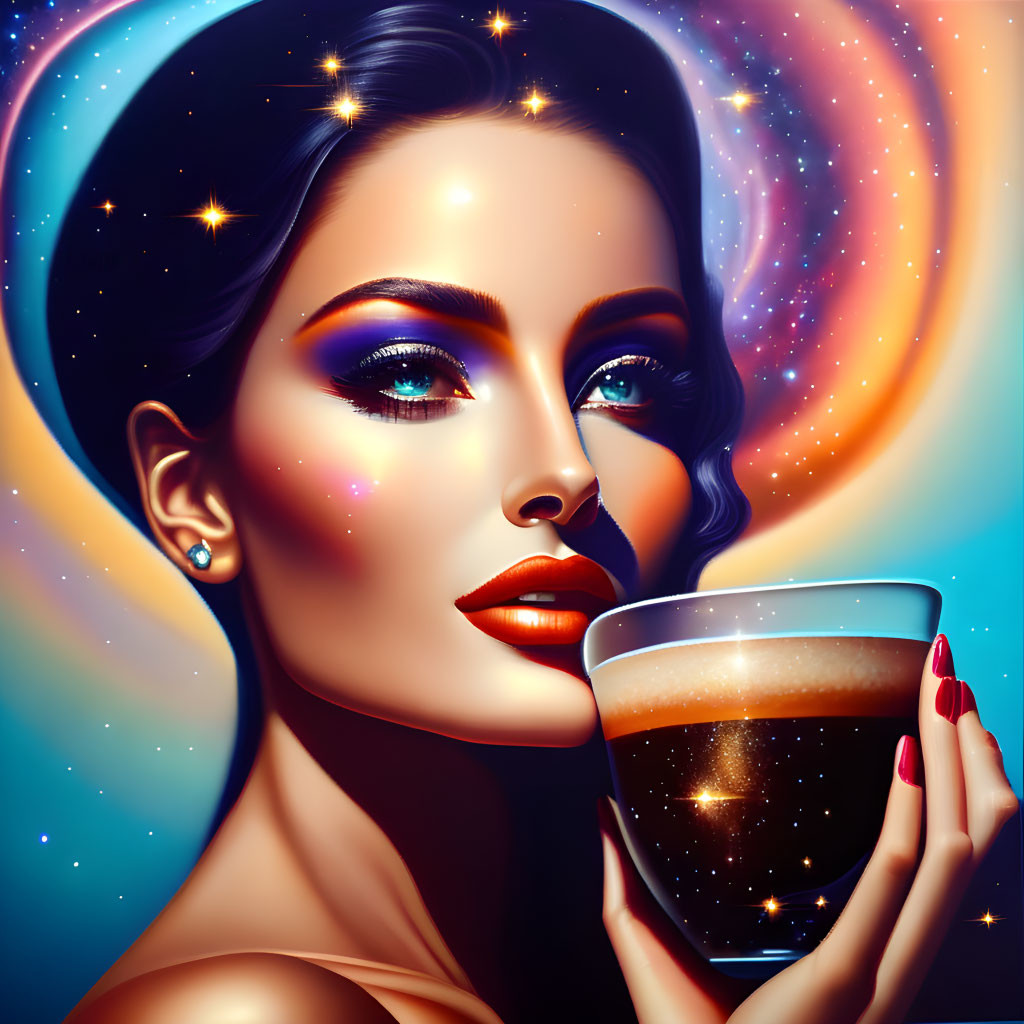 Cosmic-themed digital portrait of a woman with coffee cup