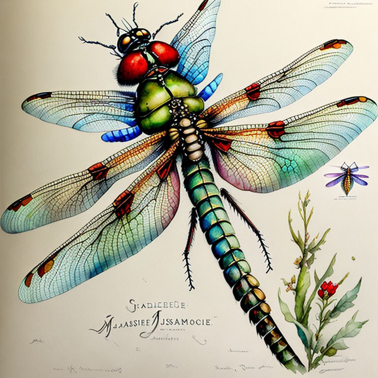 Colorful Dragonfly Illustration with Botanical Drawing and Scientific Annotations