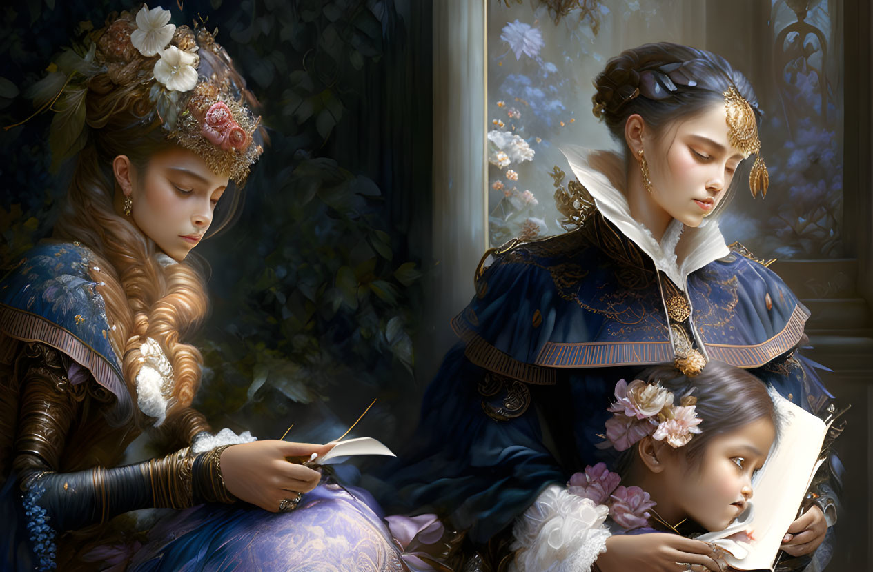 Two women in historical attire reading books with child against floral backdrop