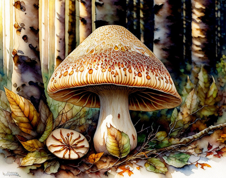 Detailed Watercolor Painting: Mushroom in Forest with Autumn Leaves